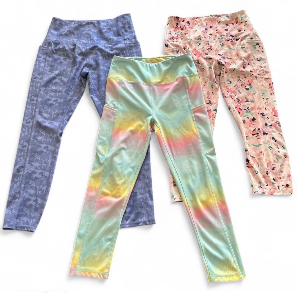 BUNDLE OF 3, Rainbow M Tie-Dye Active Leggings M,Pastel Multi L .W/Side Pockets.